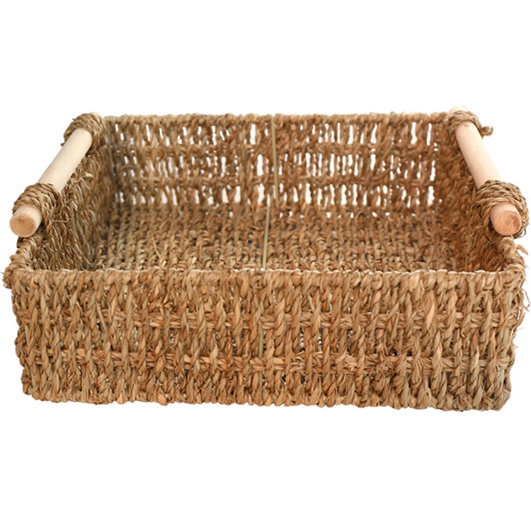 Grass Woven Wood Handle Handmade Straw Woven Desktop Storage Basket Storage Box