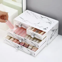 Luxury Drawer Design 3 Tier Small Cosmetic Case Holder Plastic Marble Makeup Organizer for Dressing Table