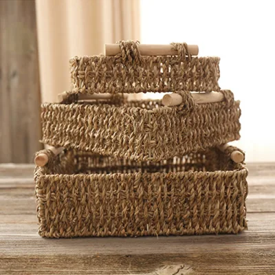 Grass Woven Wood Handle Handmade Straw Woven Desktop Storage Basket Storage Box